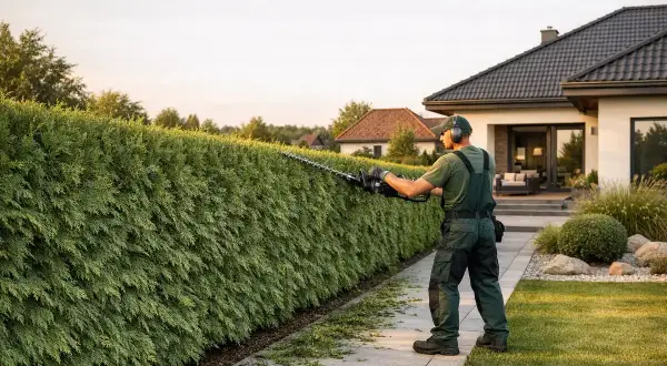 Ogrodnik przycina żywopłot z tui, dbając o jego kształt. To idealny moment, kiedy przycinać tuje, by zachować piękny wygląd ogrodu.