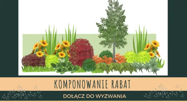 Wizualizacja rabaty z drzewem, żółtymi kwiatami, czerwonym krzewem i zielonymi roślinami.