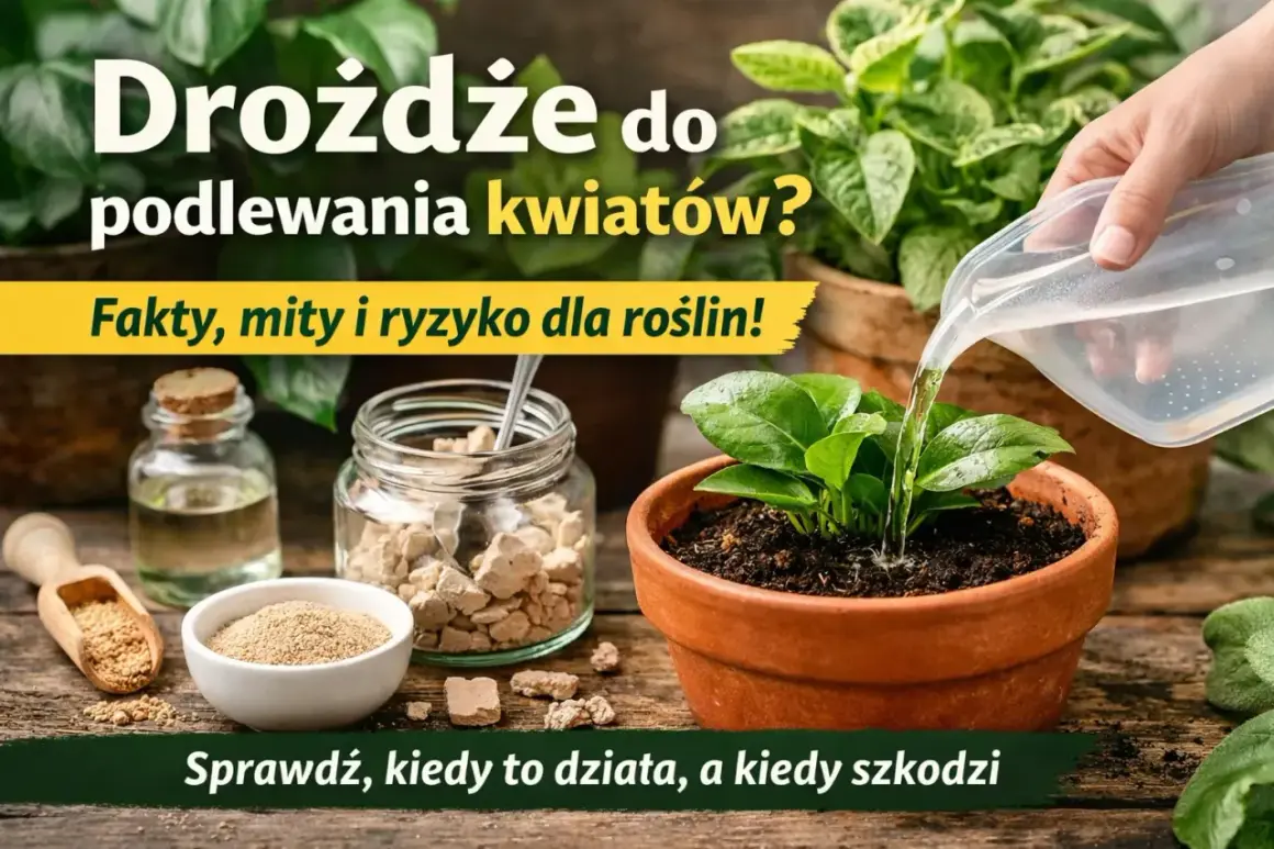 Ręka podlewa młodą roślinę w doniczce, obok słoiki z drożdżami i buteleczka.