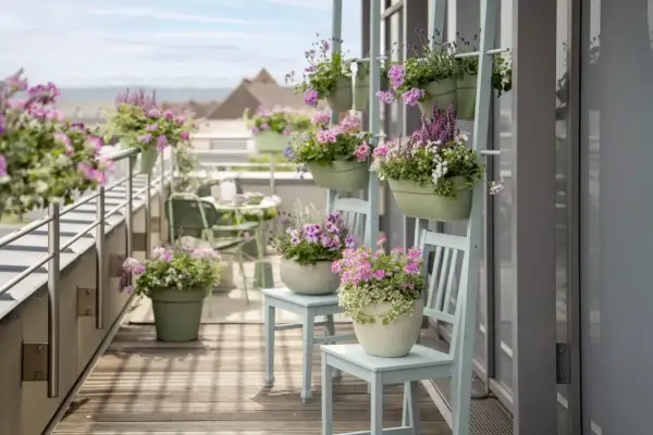 Balkon pełen kwitnących, różowych i fioletowych kwiatów w doniczkach.