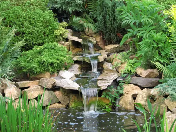 Mały, kaskadowy wodospad w skalnym ogrodzie, otoczony bujną zielenią.