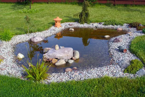 Ogród z oczkiem wodnym, kamieniami, roślinnością i ceramiczną latarenką.