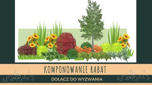 Wizualizacja rabaty z drzewem, żółtymi kwiatami, czerwonym krzewem i zielonymi roślinami.